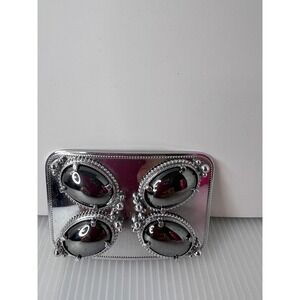 Silver Tone Western Belt Buckle Four Oval Hematite Stones Cabochon Rectangular